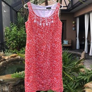 Tahari orange and white scoop neck beaded shift